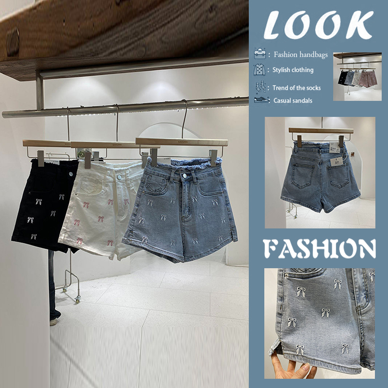 Shorts Denim Frayed - 자수 장식 데님 반바지 여성 여름
