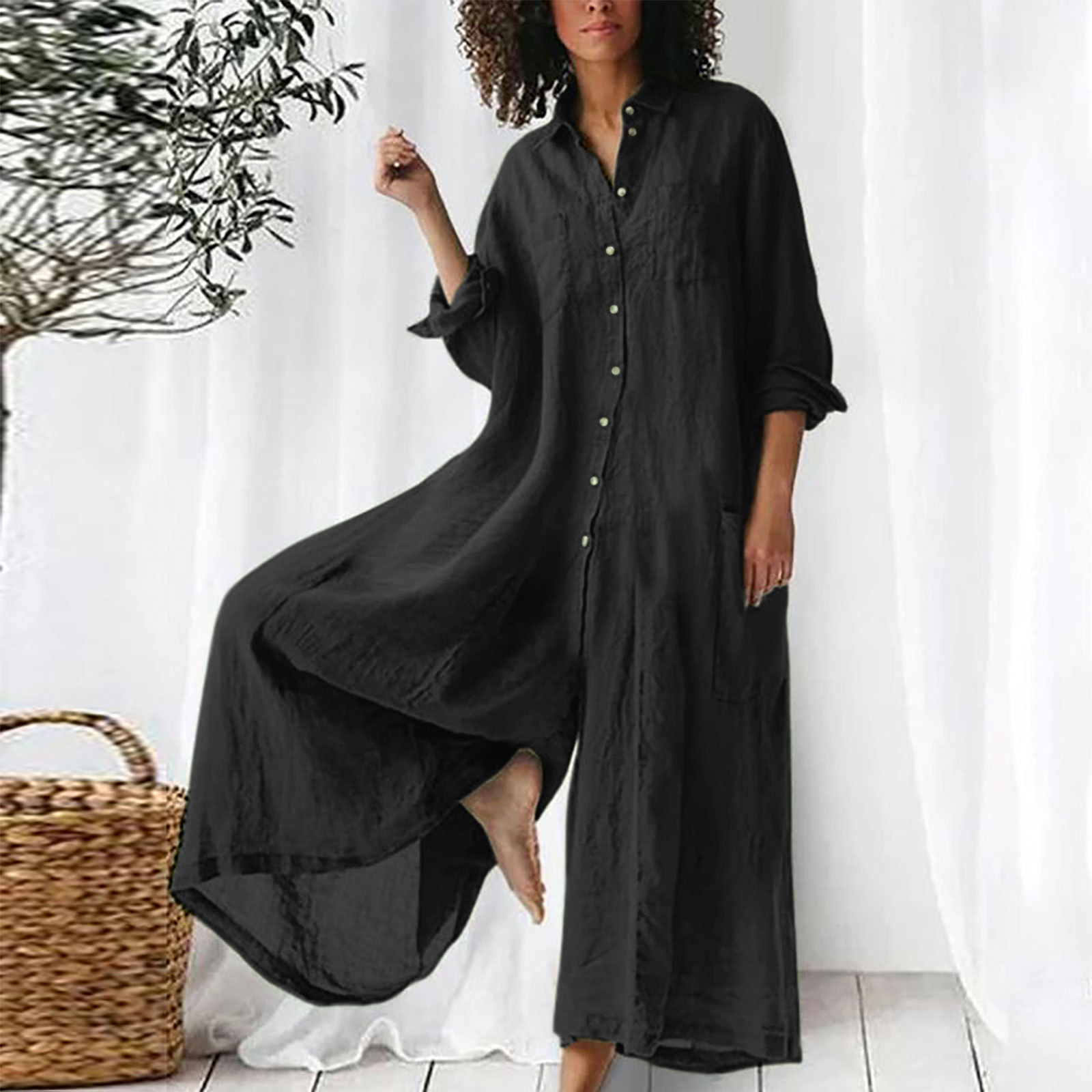 Jumpsuit Linen Relaxed - 여성용 점프수트 일상용 긴팔 점프수트 중간