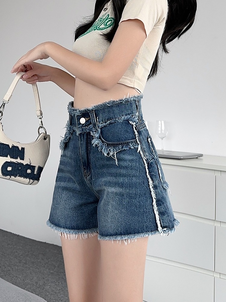 Shorts Denim Frayed - 하이웨이스트 프레이드 헴 데님 반바지 여성용
