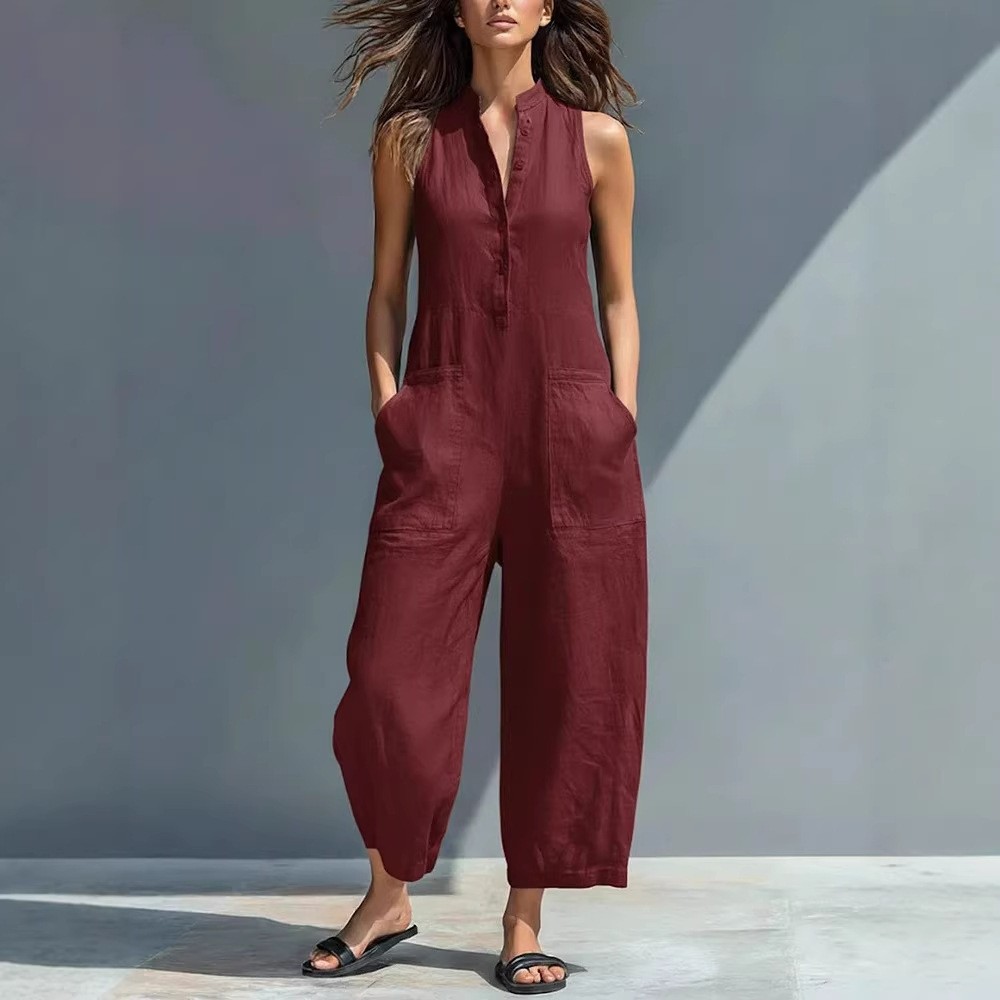 여성용 민소매 만다린 칼라 루즈핏 솔리드 컬러 리넨 코 - Jumpsuit Linen Relaxed 리뷰 및 가격