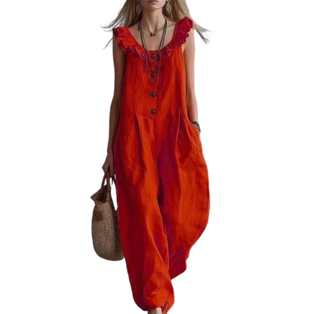릴렉스 핏 롬퍼 여성용 러플 크루넥 점프수트(포켓 포함 - Jumpsuit Linen Relaxed 리뷰 및 가격